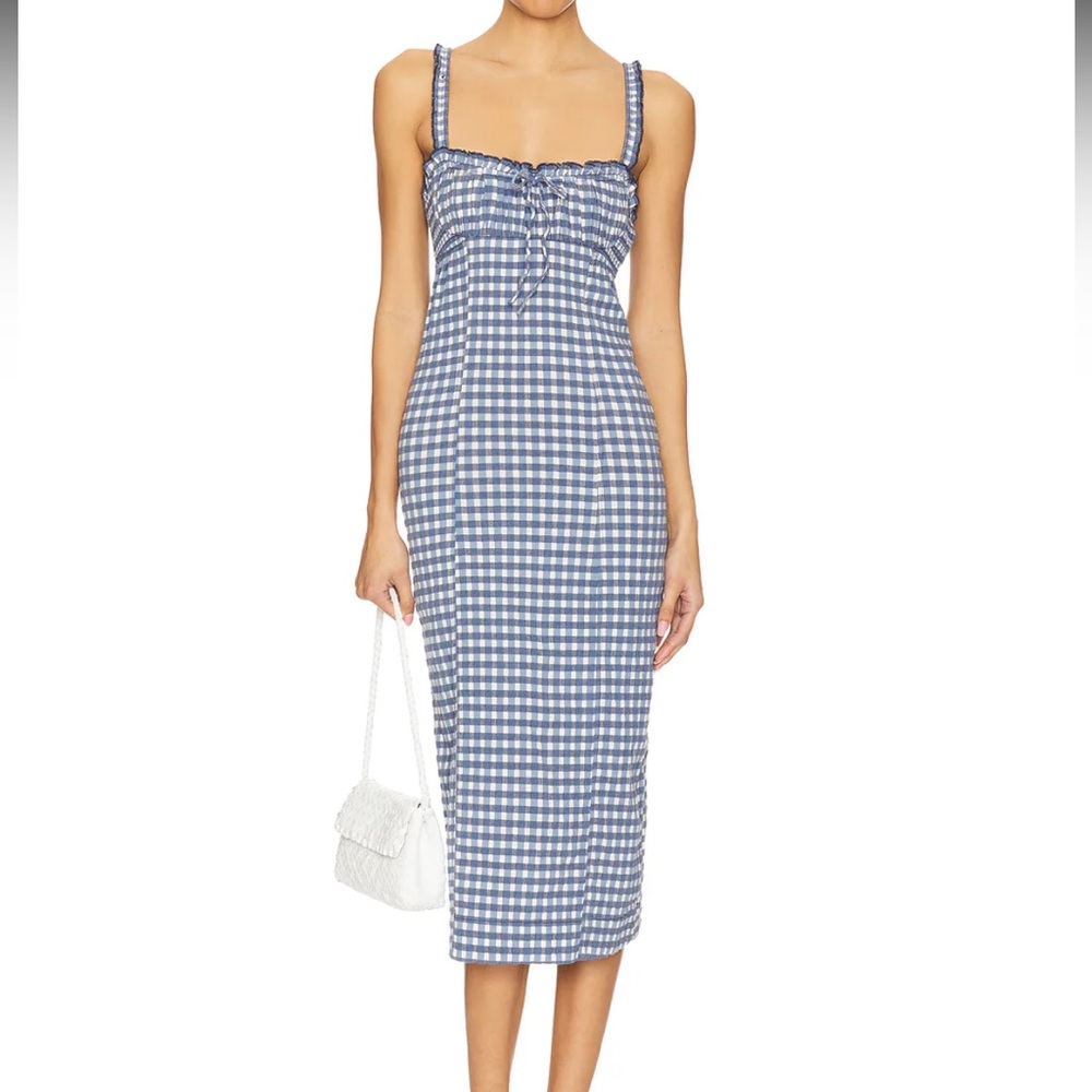 NWT FREE PEOPLE LUCINDA BLUE GINGHAM DRESS MEDIUM $148 MILKMAID